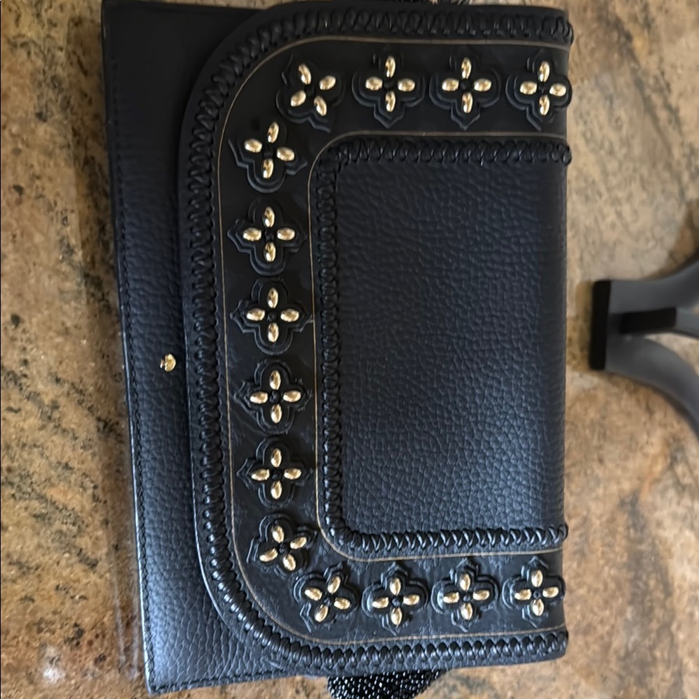 Kate Spade Black Leather Clutch with Gold Floral Accents